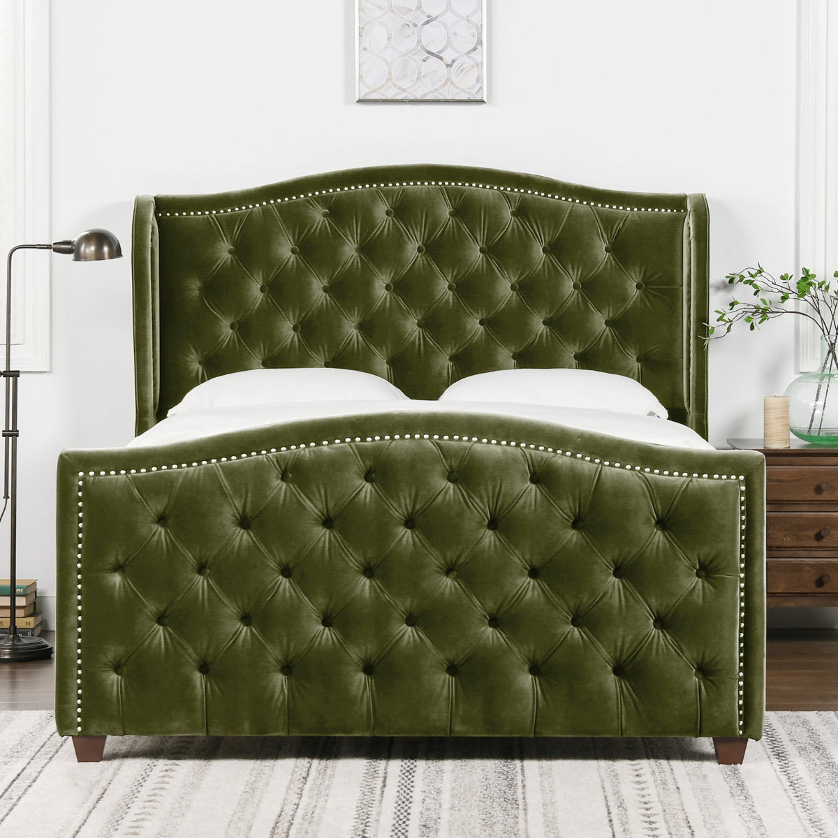 Marcella Upholstered Shelter Headboard Bed Set, Queen, Olive